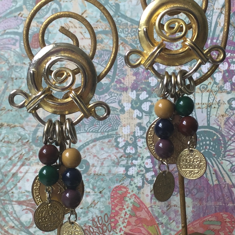 VTG MONET Bohemian Bead & Coin Dangling Post Earrings